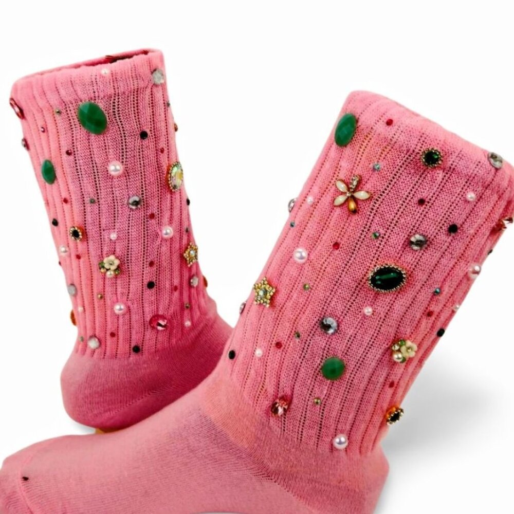 Effortless Shine Light Pink Rhinestone Charm Slouch Socks "Skater" YS1504